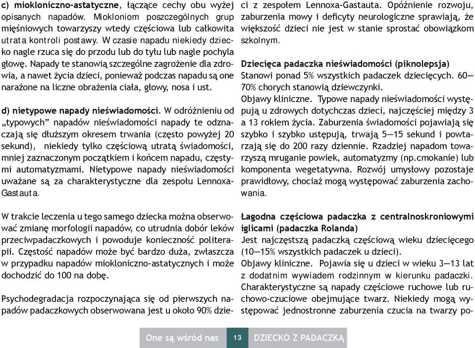 Napady te stanowią szczególne zagrożenie dla zdrowia, a nawet życia dzieci, ponieważ podczas napadu są one narażone na liczne obrażenia ciała, głowy, nosa i ust. d) nietypowe napady nieświadomości.