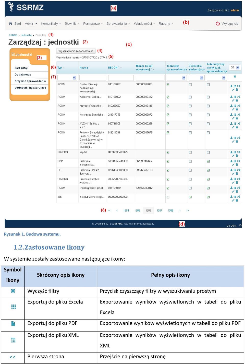 do pliku Excela Exportuj do pliku PDF Exportuj do pliku XML Pierwsza strona Pełny opis ikony Przycisk czyszczący filtry w
