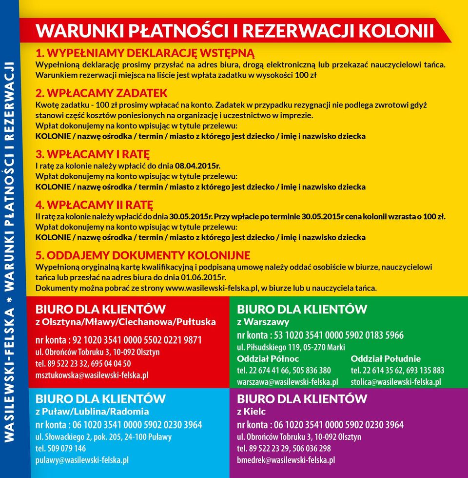 Warunkiem rezerwacji miejsca na liście jest wpłata zadatku w wysokości 100 zł 2. WPŁACAMY ZADATEK Kwotę zadatku - 100 zł prosimy wpłacać na konto.