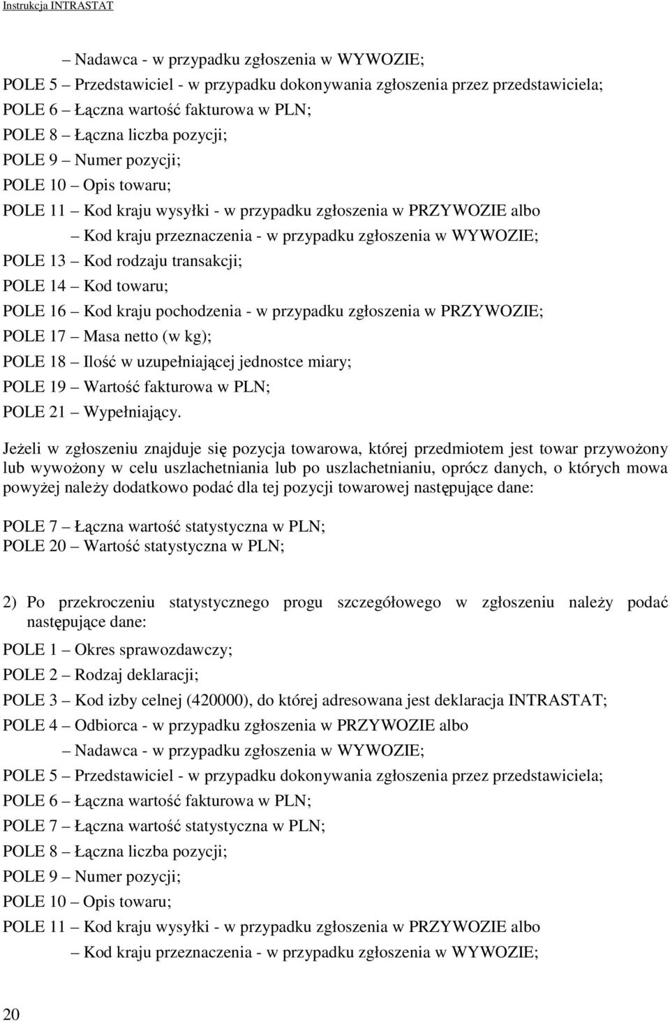 POLE 14 Kod towaru; POLE 16 Kod kraju pochodzenia - w przypadku zgłoszenia w PRZYWOZIE; POLE 17 Masa netto (w kg); POLE 18 Ilość w uzupełniającej jednostce miary; POLE 19 Wartość fakturowa w PLN;