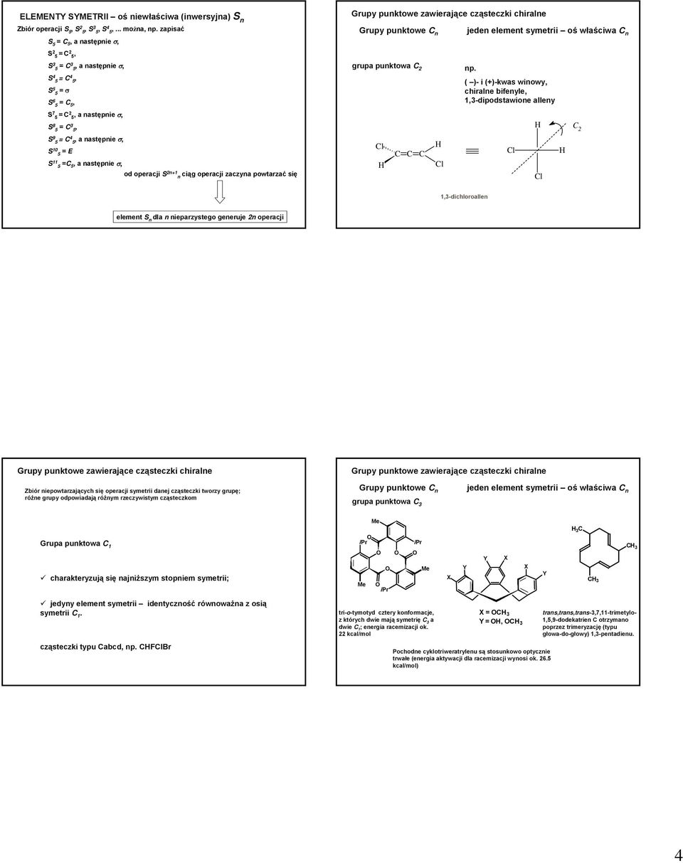 operacji S n+ n ciąg operacji zaczyna powtarzać się Grupy punktowe zawierające cząsteczki chiralne Grupy punktowe n jeden element symetrii oś właściwa n grupa punktowa np.