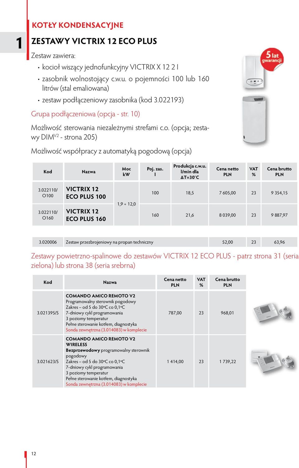 l Produkcja c.w.u. l/min dla ΔT=30 C 3.022110/ O100 3.022110/ O160 VICTRIX 12 ECO PLUS 100 VICTRIX 12 ECO PLUS 160 1,9 12,0 100 18,5 7 605,00 23 9 354,15 160 21,6 8 039,00 23 9 887,97 3.