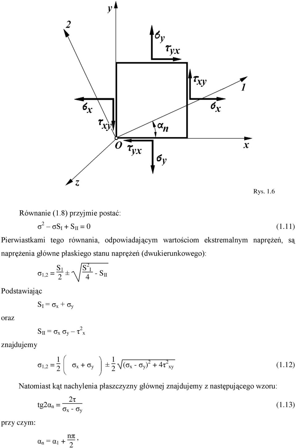 naprężeń (dwukierunkowego): Podstawiając ζ 1,2 = S 1 2 ± S 2 I 4 - S II oraz S I = ζ x + ζ y znajdujemy S II = ζ x ζ y η 2 x