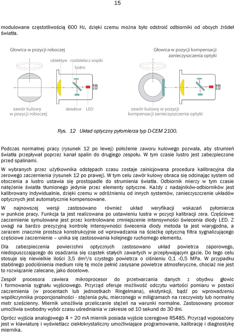 W tym czasie lustro jest zabezpieczone przed spalinami. W wybranych przez użytkownika odstępach czasu zostaje zainicjowana procedura kalibracyjna dla zerowego zaczernienia (rysunek 12 po prawej).
