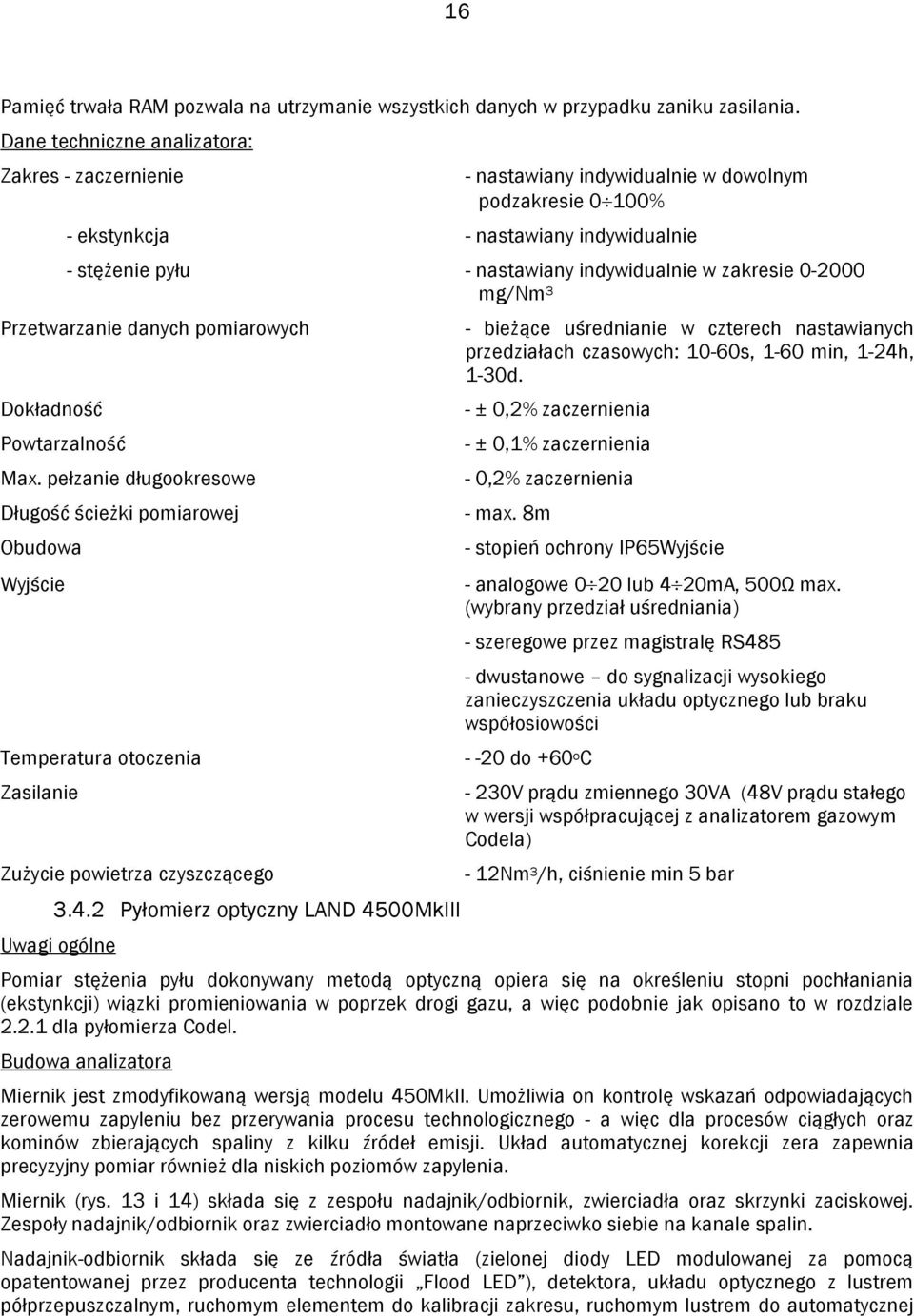 zakresie 0-2000 mg/nm 3 Przetwarzanie danych pomiarowych Dokładność Powtarzalność Max.