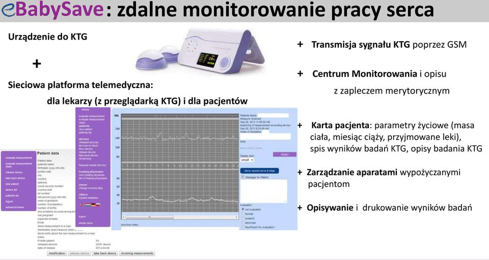 zapleczem merytorycznym + Karta pacjenta: parametry życiowe (masa ciała, miesiąc ciąży, przyjmowane leki), spis