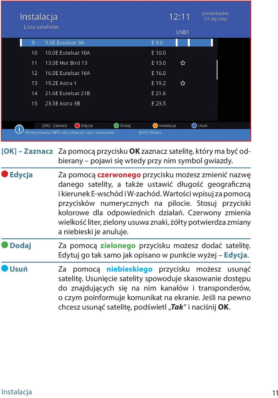 Wartości wpisuj za pomocą przycisków numerycznych na pilocie. Stosuj przyciski kolorowe dla odpowiednich działań.