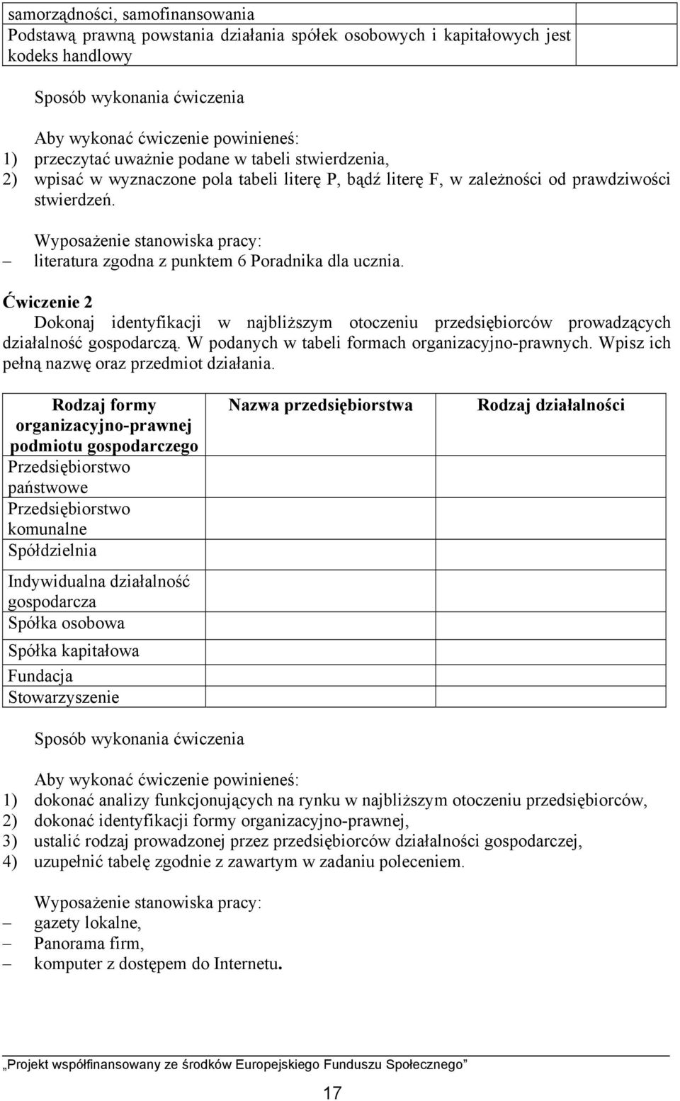 Wyposażenie stanowiska pracy: literatura zgodna z punktem 6 Poradnika dla ucznia. Ćwiczenie 2 Dokonaj identyfikacji w najbliższym otoczeniu przedsiębiorców prowadzących działalność gospodarczą.