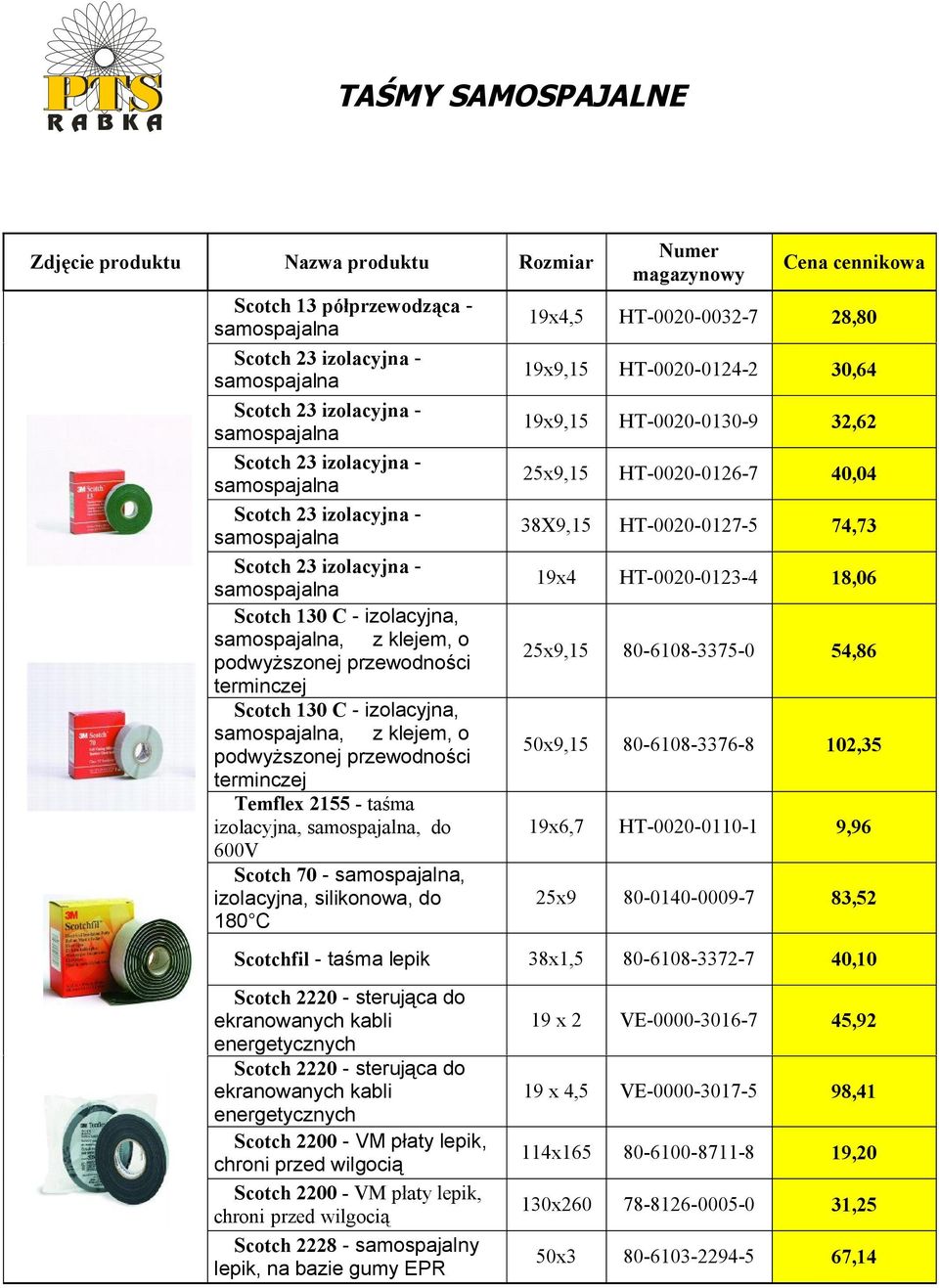 izolacyjna, samospajalna, z klejem, o podwyższonej przewodności terminczej Temflex 2155 - taśma izolacyjna, samospajalna, do 00V Scotch 70 - samospajalna, izolacyjna, silikonowa, do 180 C Numer