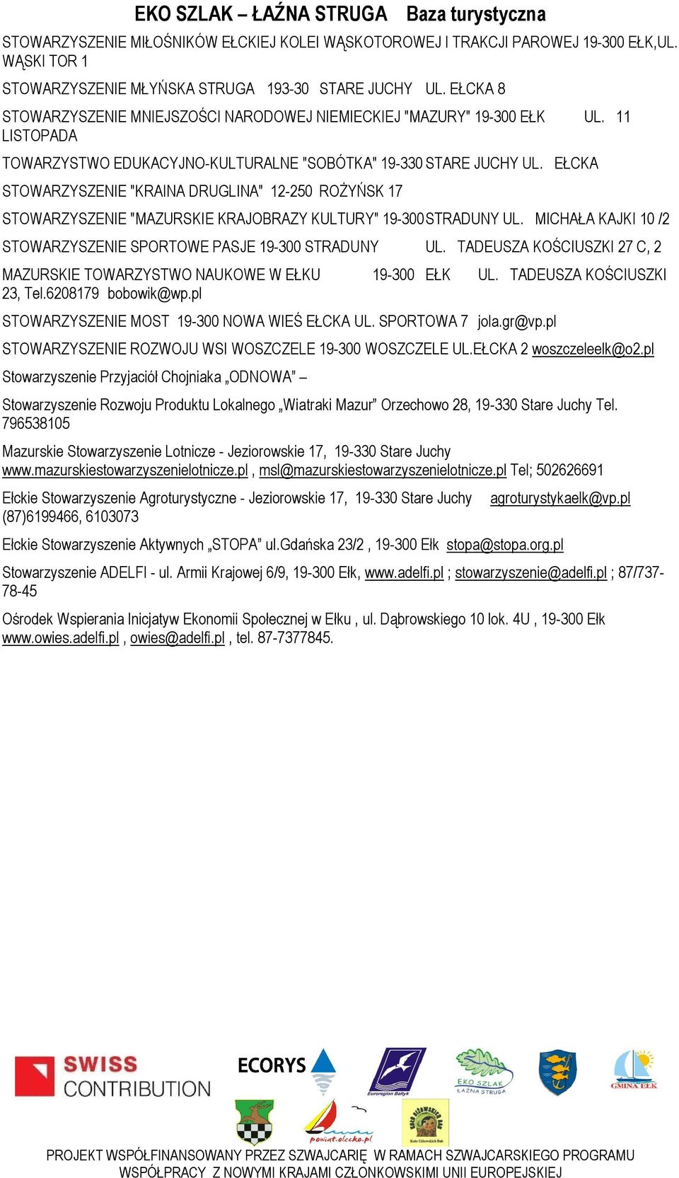 EŁCKA STOWARZYSZENIE "KRAINA DRUGLINA" 12-250 ROŻYŃSK 17 STOWARZYSZENIE "MAZURSKIE KRAJOBRAZY KULTURY" 19-300 STRADUNY UL. MICHAŁA KAJKI 10 /2 STOWARZYSZENIE SPORTOWE PASJE 19-300 STRADUNY UL.