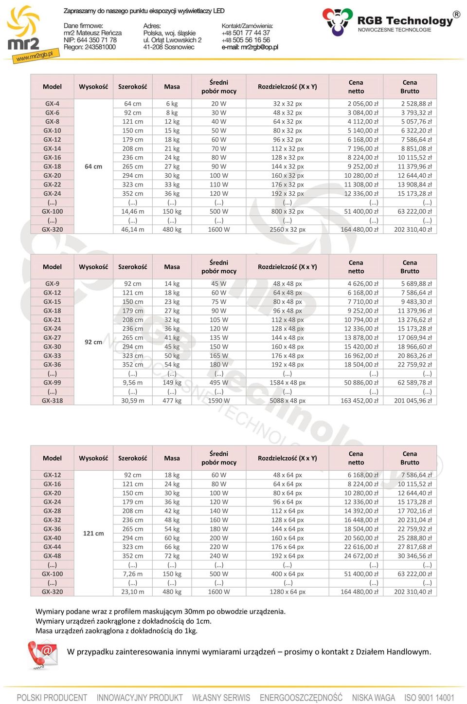 115,52 zł GX-18 64 cm 265 cm 27 kg 90 W 144 x 32 px 9 252,00 zł 11 379,96 zł GX-20 294 cm 30 kg 100 W 160 x 32 px 10 280,00 zł 12 644,40 zł GX-22 323 cm 33 kg 110 W 176 x 32 px 11 308,00 zł 13 908,84