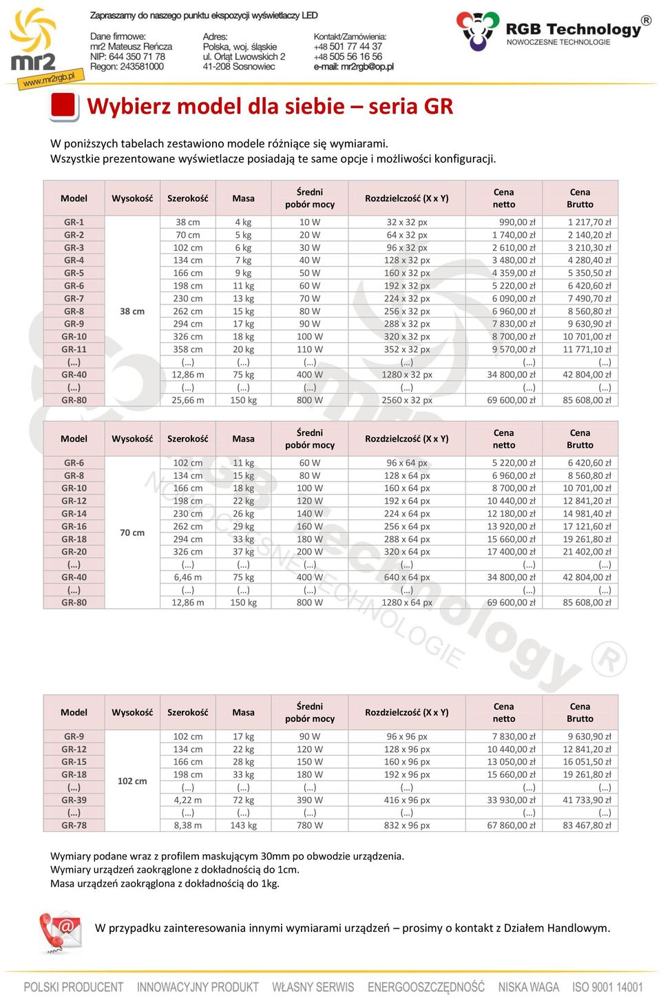 px 3 480,00 zł 4 280,40 zł GR-5 166 cm 9 kg 50 W 160 x 32 px 4 359,00 zł 5 350,50 zł GR-6 198 cm 11 kg 60 W 192 x 32 px 5 220,00 zł 6 420,60 zł GR-7 230 cm 13 kg 70 W 224 x 32 px 6 090,00 zł 7 490,70