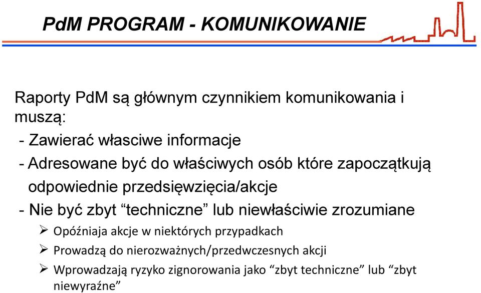 Nie być zbyt techniczne lub niewłaściwie zrozumiane Opóźniaja akcje w niektórych przypadkach Prowadzą do