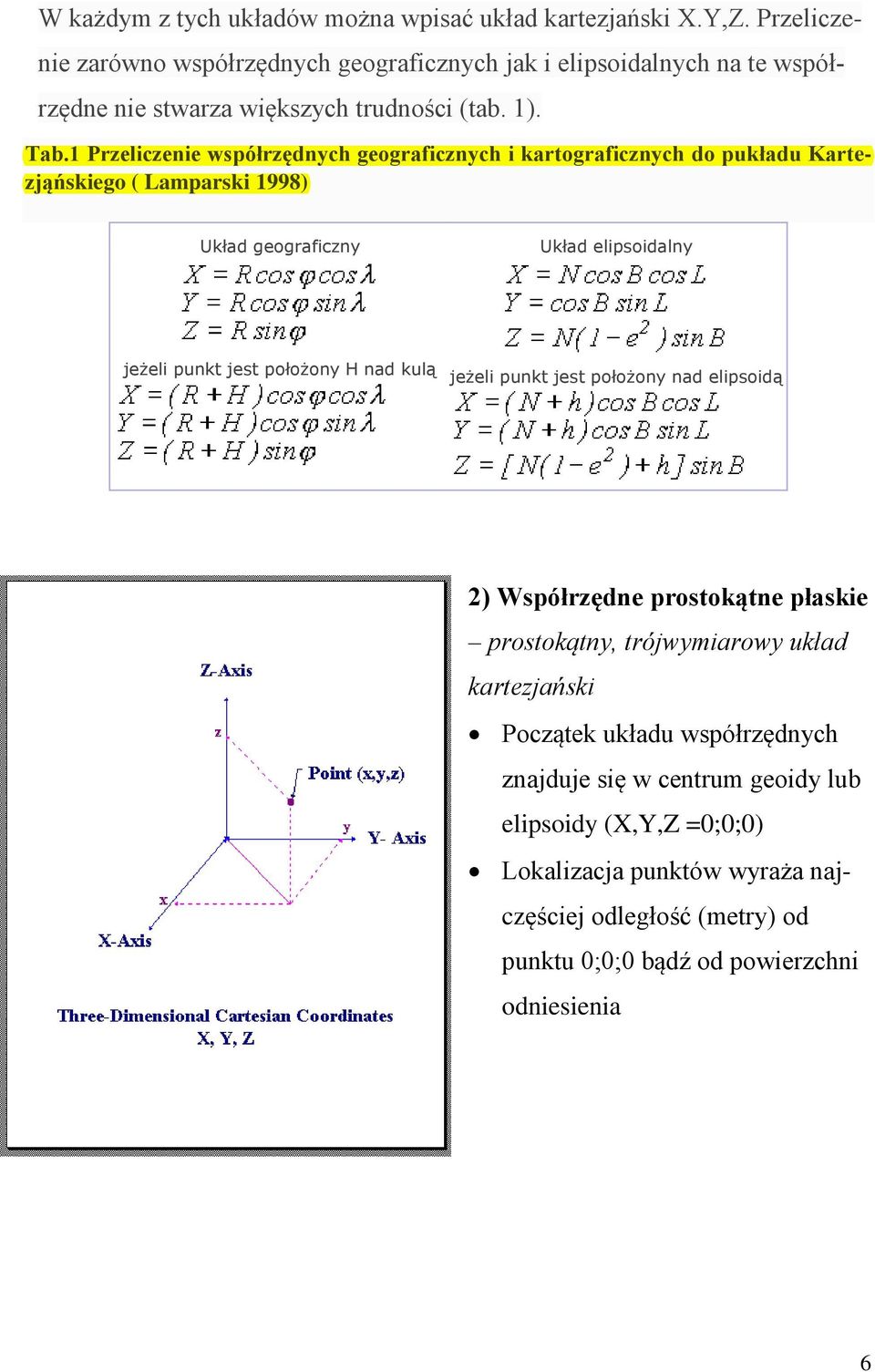 1 Przeliczenie współrzędnych geograficznych i kartograficznych do pukładu Kartezjąńskiego ( Lamparski 1998) Układ geograficzny Układ elipsoidalny jeżeli punkt jest położony H