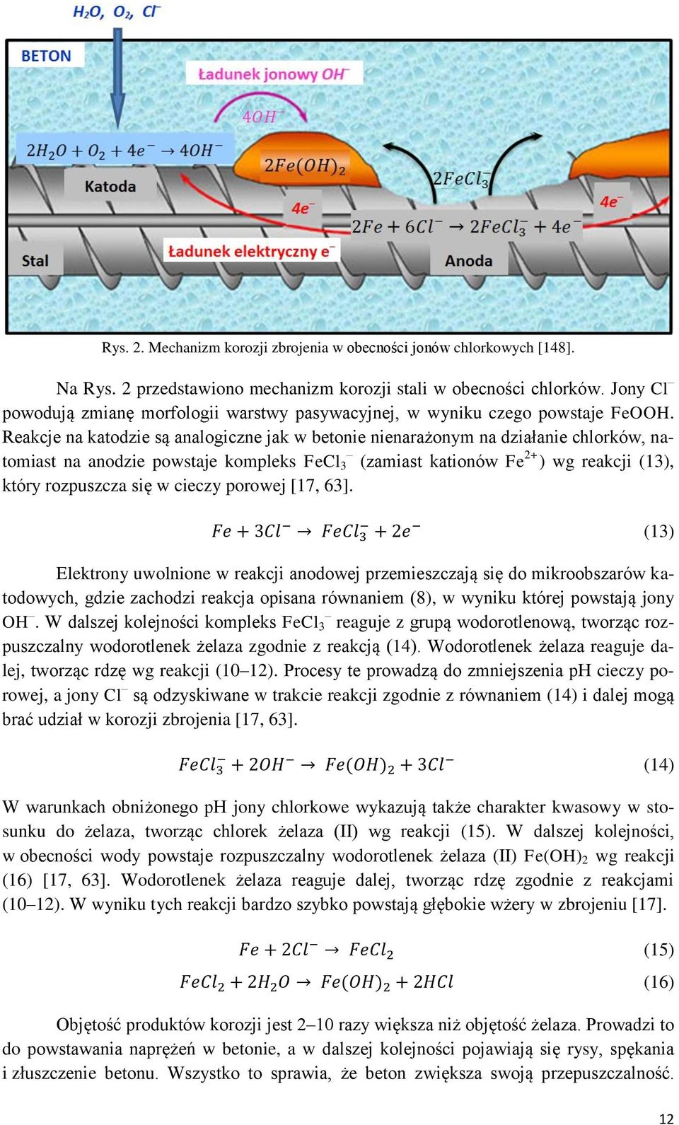 Reakcje na katodzie są analogiczne jak w betonie nienarażonym na działanie chlorków, natomiast na anodzie powstaje kompleks FeCl 3 (zamiast kationów Fe 2+ ) wg reakcji (13), który rozpuszcza się w