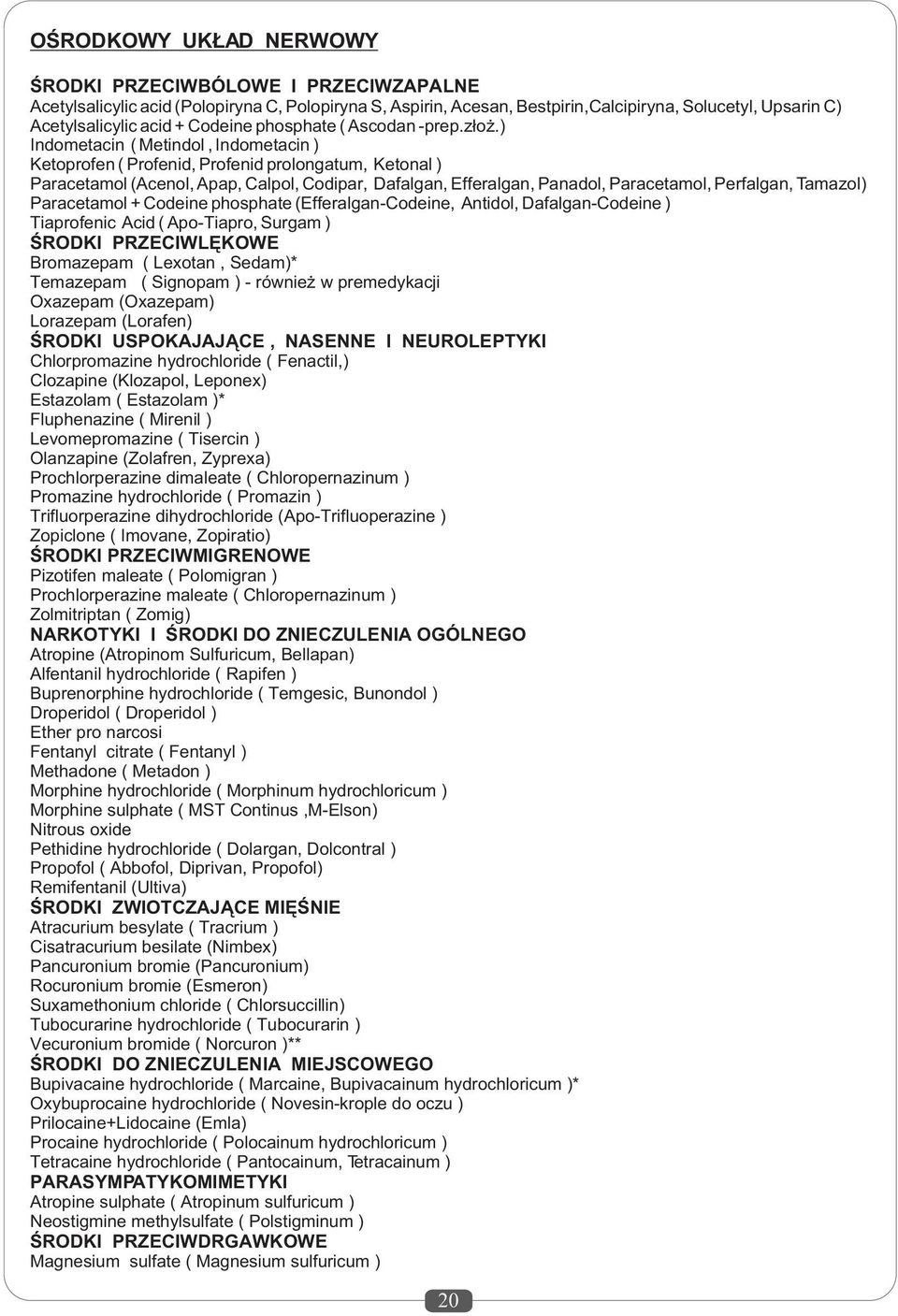 ) Indometacin ( Metindol, Indometacin ) Ketoprofen ( Profenid, Profenid prolongatum, Ketonal ) Paracetamol (Acenol, Apap, Calpol, Codipar, Dafalgan, Efferalgan, Panadol, Paracetamol, Perfalgan,