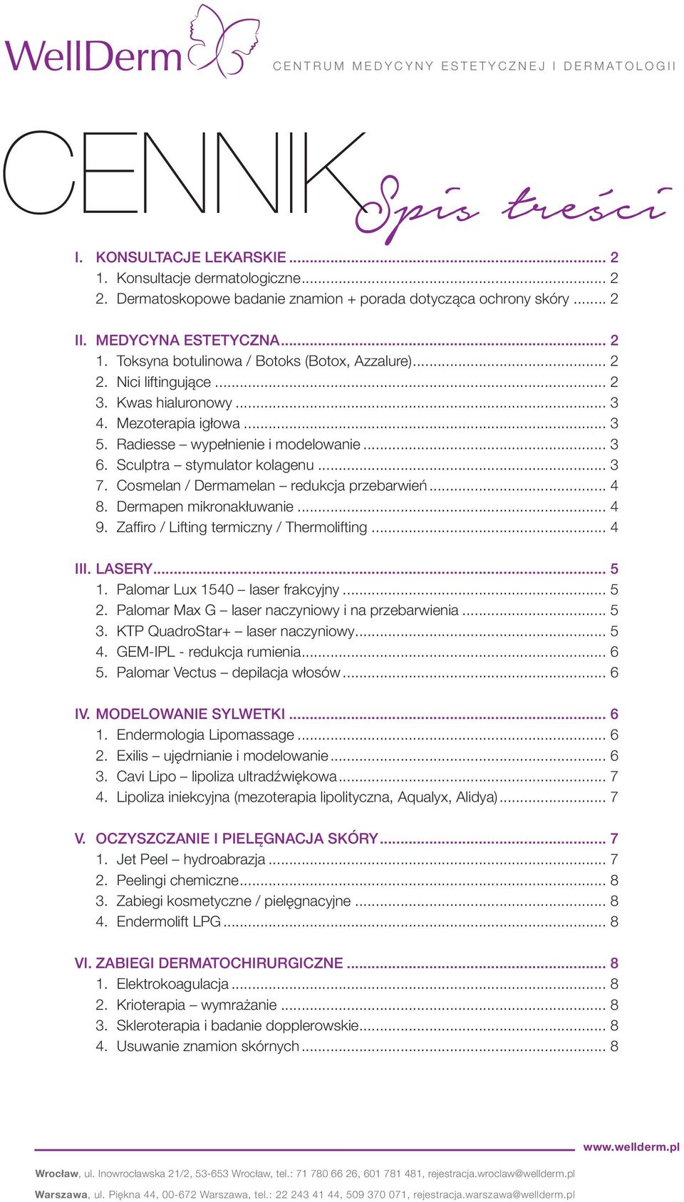 Cosmelan / Dermamelan redukcja przebarwień... 4 8. Dermapen mikronakłuwanie... 4 9. Zaffiro / Lifting termiczny / Thermolifting... 4 III. LASERY... 5 1. Palomar Lux 1540 laser frakcyjny... 5 2.