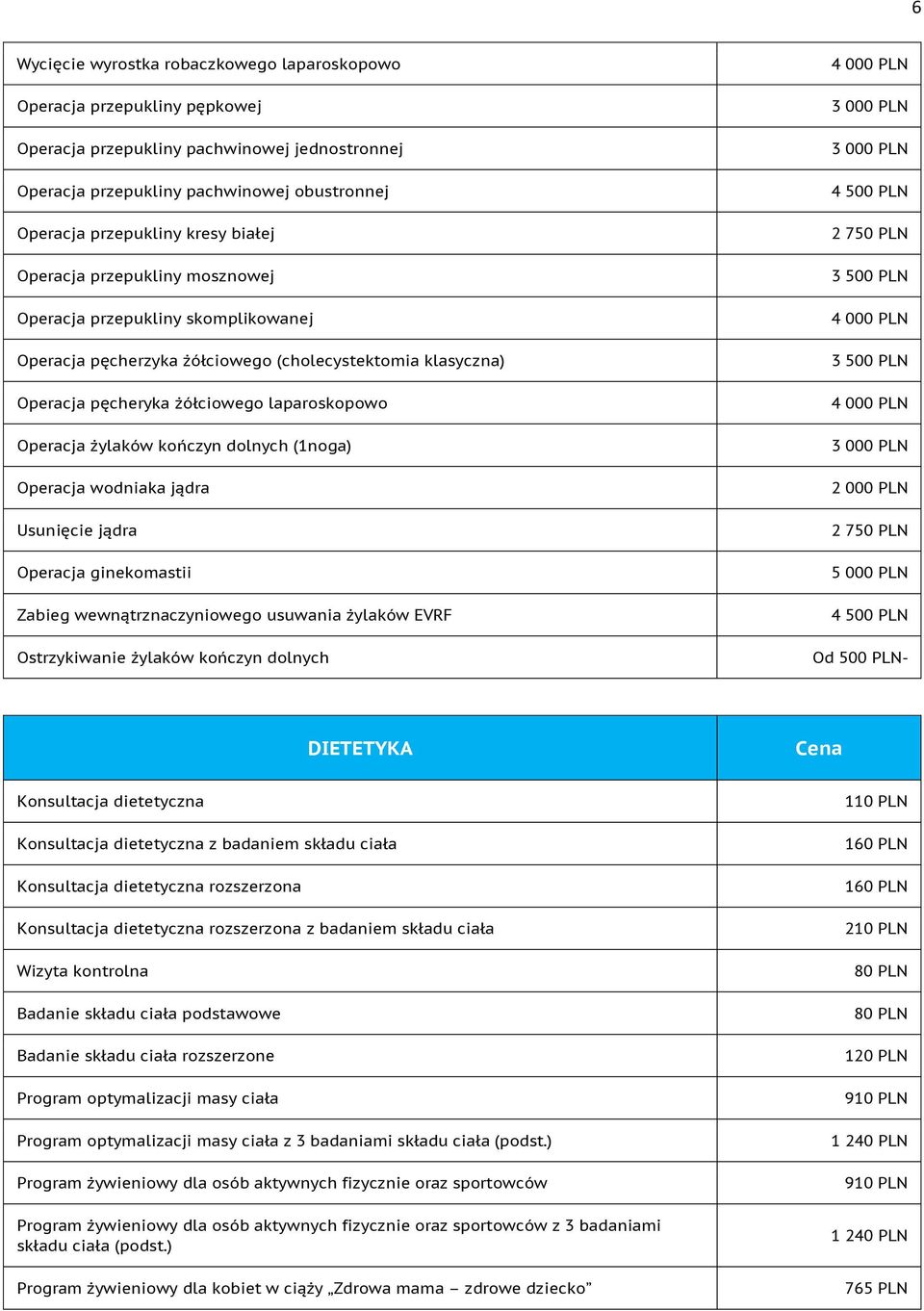 kończyn dolnych (1noga) Operacja wodniaka jądra Usunięcie jądra Operacja ginekomastii Zabieg wewnątrznaczyniowego usuwania żylaków EVRF Ostrzykiwanie żylaków kończyn dolnych 4 000 PLN 4 500 PLN 2 750