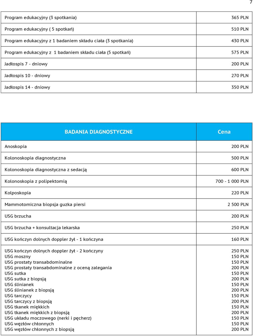 z polipektomią Kolposkopia Mammotomiczna biopsja guzka piersi USG brzucha USG brzucha + konsultacja lekarska USG kończyn dolnych doppler żył - 1 kończyna USG kończyn dolnych doppler żył - 2 kończyny