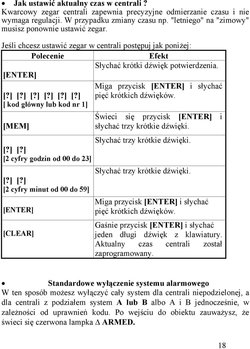 [ENTER] Miga przycisk [ENTER] i słychać [?] [?] [?] [?] [?] [?] pięć krótkich dźwięków. [ kod główny lub kod nr 1] [MEM] Świeci się przycisk [ENTER] i słychać trzy krótkie dźwięki.