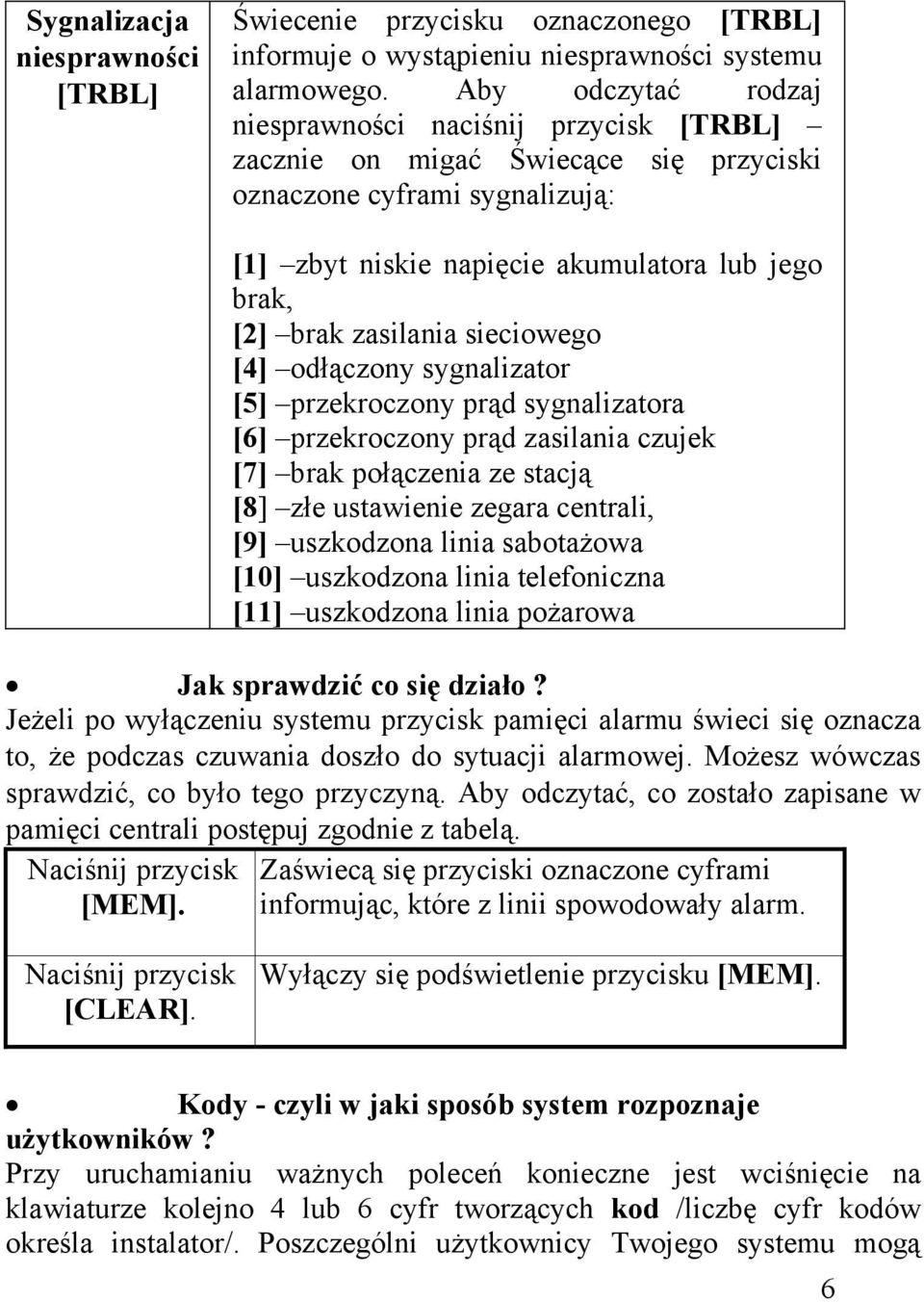 zasilania sieciowego [4] odłączony sygnalizator [5] przekroczony prąd sygnalizatora [6] przekroczony prąd zasilania czujek [7] brak połączenia ze stacją [8] złe ustawienie zegara centrali, [9]