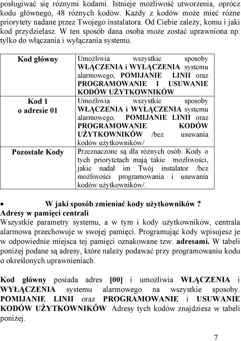 Kod główny Umożliwia wszystkie sposoby WŁĄCZENIA i WYŁĄCZENIA systemu alarmowego, POMIJANIE LINII oraz PROGRAMOWANIE I USUWANIE KODÓW UŻYTKOWNIKÓW Kod 1 o adresie 01 Pozostałe Kody Umożliwia