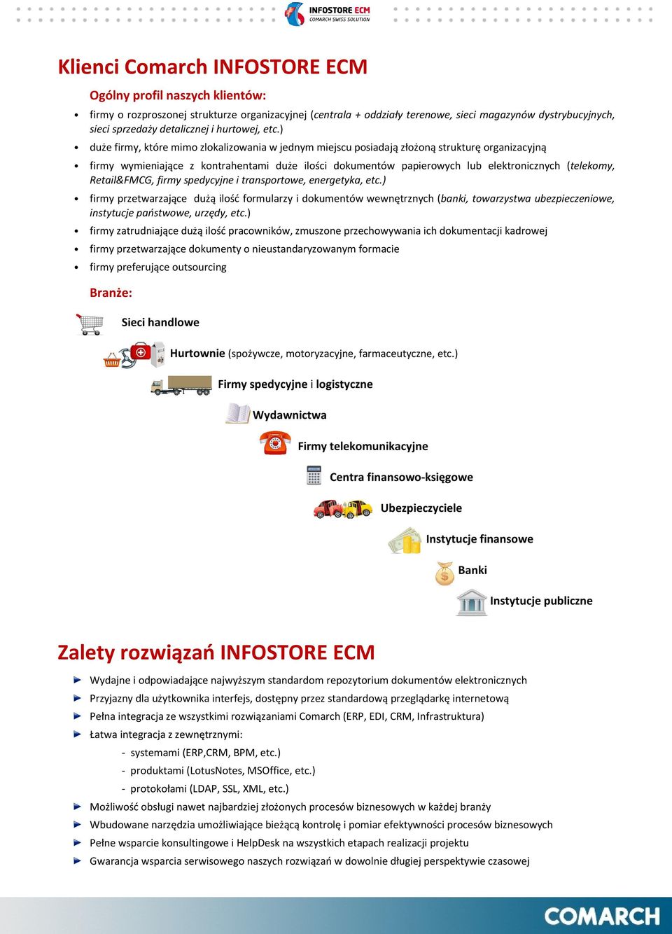 ) duże firmy, które mimo zlokalizowania w jednym miejscu posiadają złożoną strukturę organizacyjną firmy wymieniające z kontrahentami duże ilości dokumentów papierowych lub elektronicznych (telekomy,