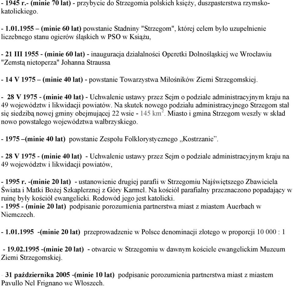 Dolnośląskiej we Wrocławiu "Zemstą nietoperza" Johanna Straussa - 14 V 1975 (minie 40 lat) - powstanie Towarzystwa Miłośników Ziemi Strzegomskiej.