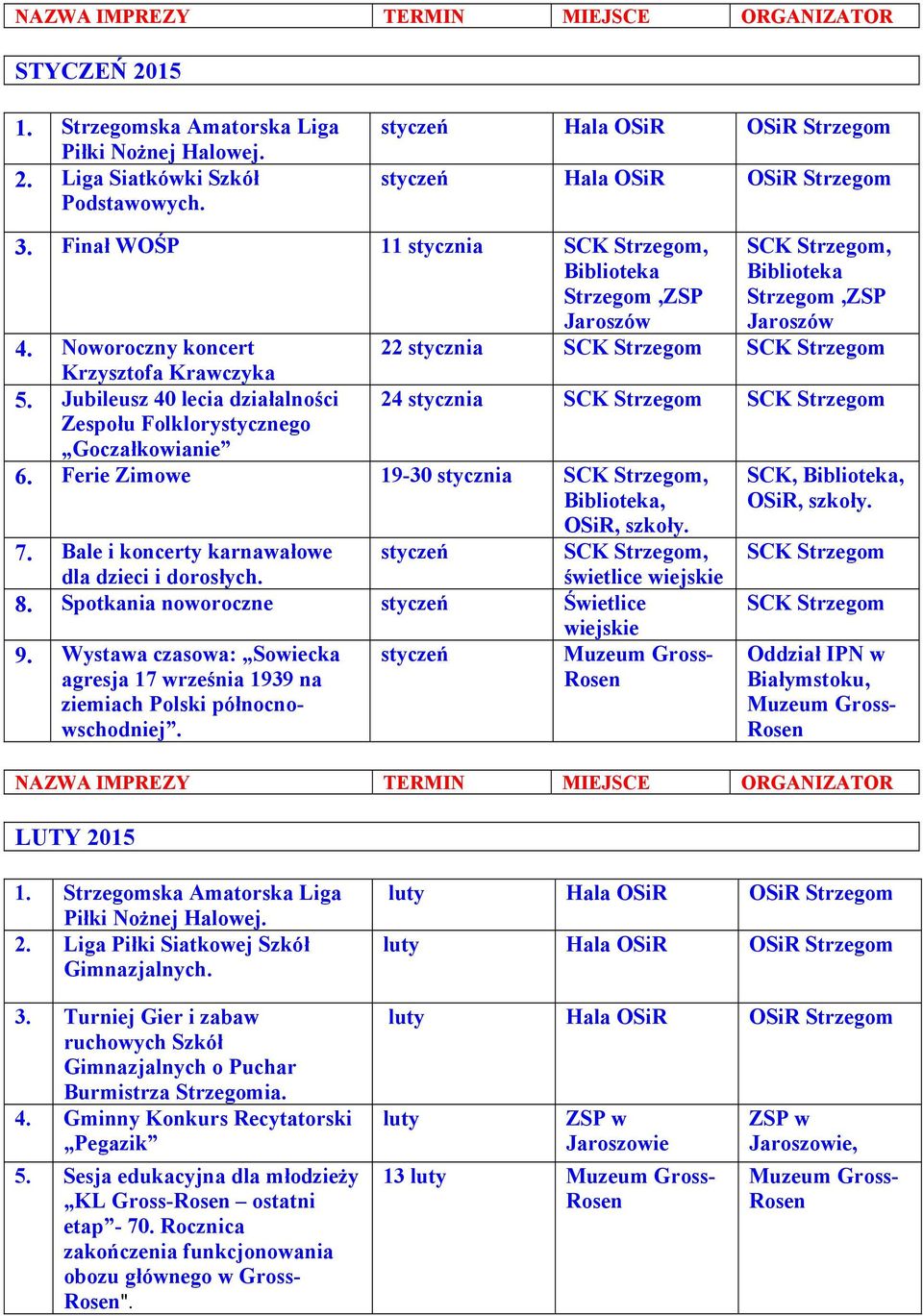 Ferie Zimowe 19-30 stycznia, Biblioteka, OSiR, szkoły. 7. Bale i koncerty karnawałowe styczeń, dla dzieci i dorosłych. świetlice wiejskie 8. Spotkania noworoczne styczeń Świetlice 9.
