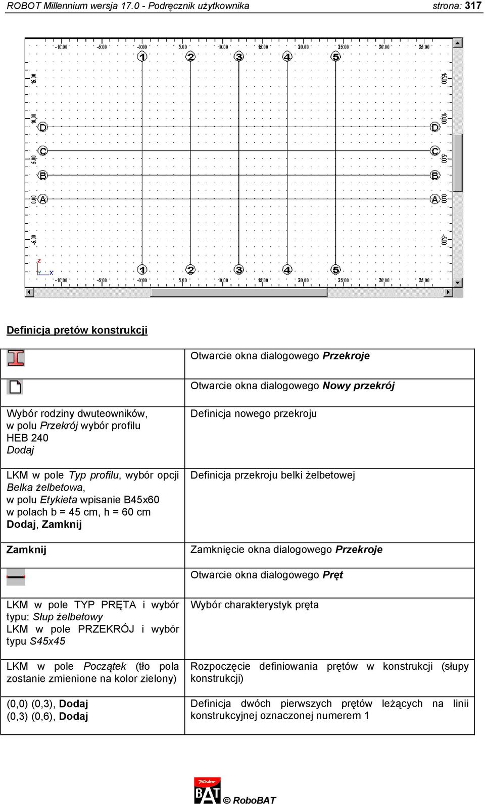 profilu HEB 240 Dodaj LKM w pole Typ profilu, wybór opcji Belka żelbetowa, w polu Etykieta wpisanie B45x60 w polach b = 45 cm, h = 60 cm Dodaj, Zamknij Zamknij Definicja nowego przekroju Definicja