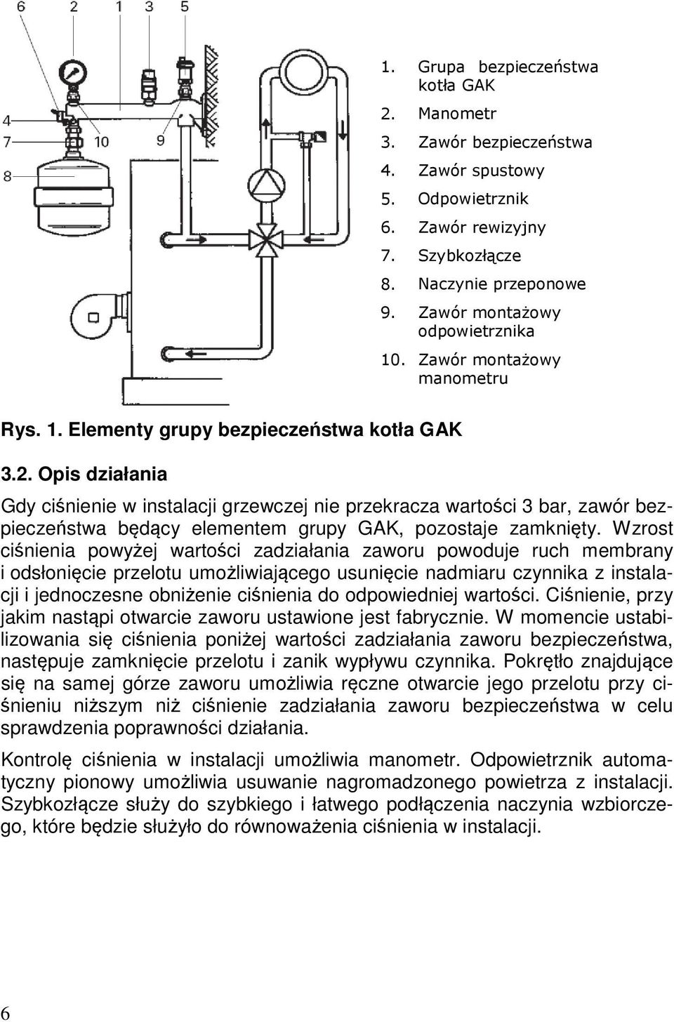 Opis działania Gdy ciśnienie w instalacji grzewczej nie przekracza wartości 3 bar, zawór bezpieczeństwa będący elementem grupy GAK, pozostaje zamknięty.