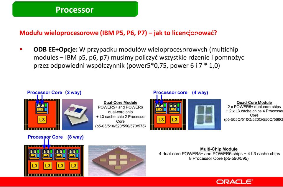 (power5*0,75, power 6 i 7 * 1,0) Processor Core(2 way) Processor core (4 way) Dual-Core Module POWER5+ and POWER6 dual-core chip + cache chip 2 Processor Core