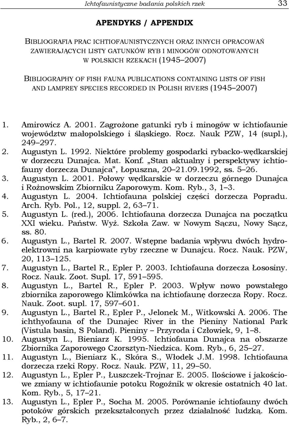 Zagrożone gatunki ryb i minogów w ichtiofaunie województw małopolskiego i śląskiego. Rocz. Nauk PZW, 14 (supl.), 249 297. 2. Augustyn L. 1992.