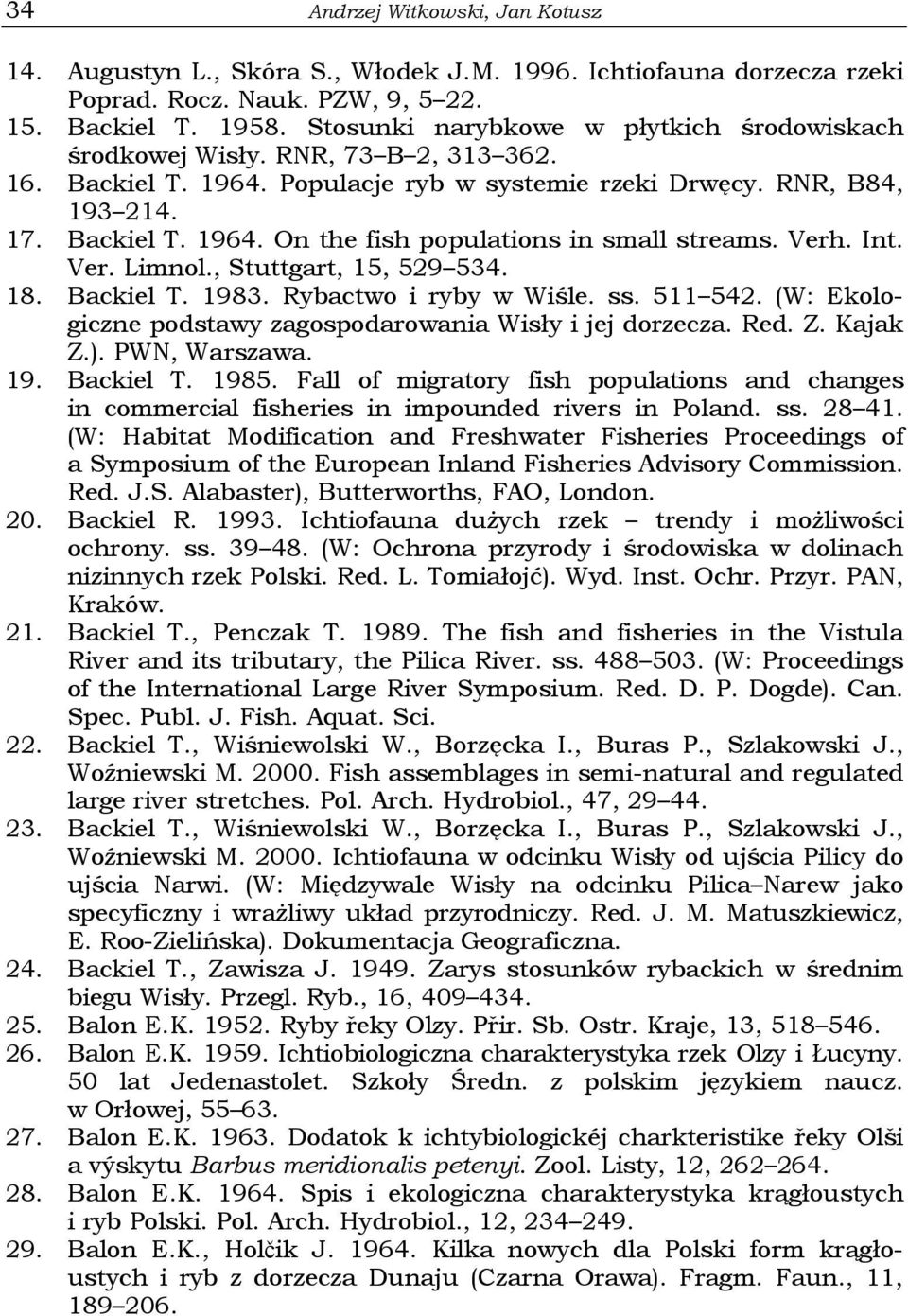 Verh. Int. Ver. Limnol., Stuttgart, 15, 529 534. 18. Backiel T. 1983. Rybactwo i ryby w Wiśle. ss. 511 542. (W: Ekologiczne podstawy zagospodarowania Wisły i jej dorzecza. Red. Z. Kajak Z.).