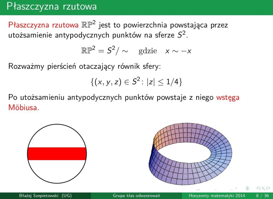 RP 2 = S 2 / gdzie x x Rozważmy pierścień otaczający równik sfery: {(x, y, z) S 2 : z 1/4} Po