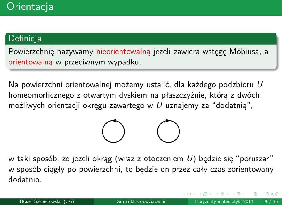 możliwych orientacji okręgu zawartego w U uznajemy za dodatnią, w taki sposób, że jeżeli okrąg (wraz z otoczeniem U) będzie się poruszał w