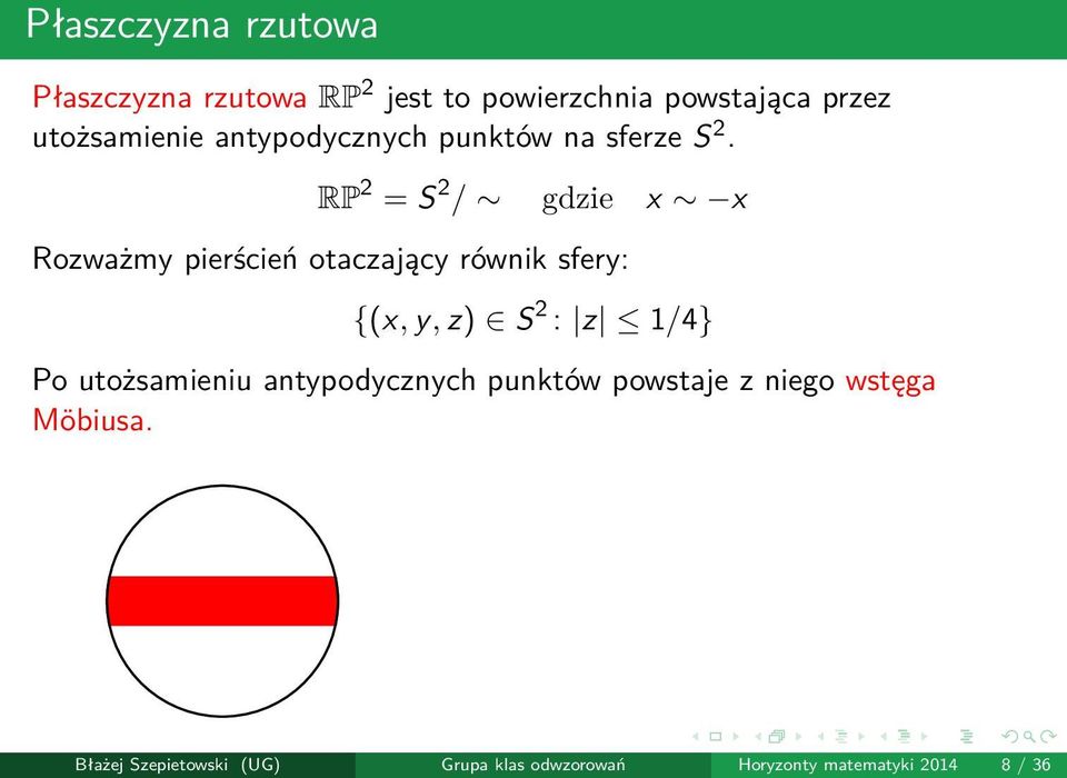 RP 2 = S 2 / gdzie x x Rozważmy pierścień otaczający równik sfery: {(x, y, z) S 2 : z 1/4} Po