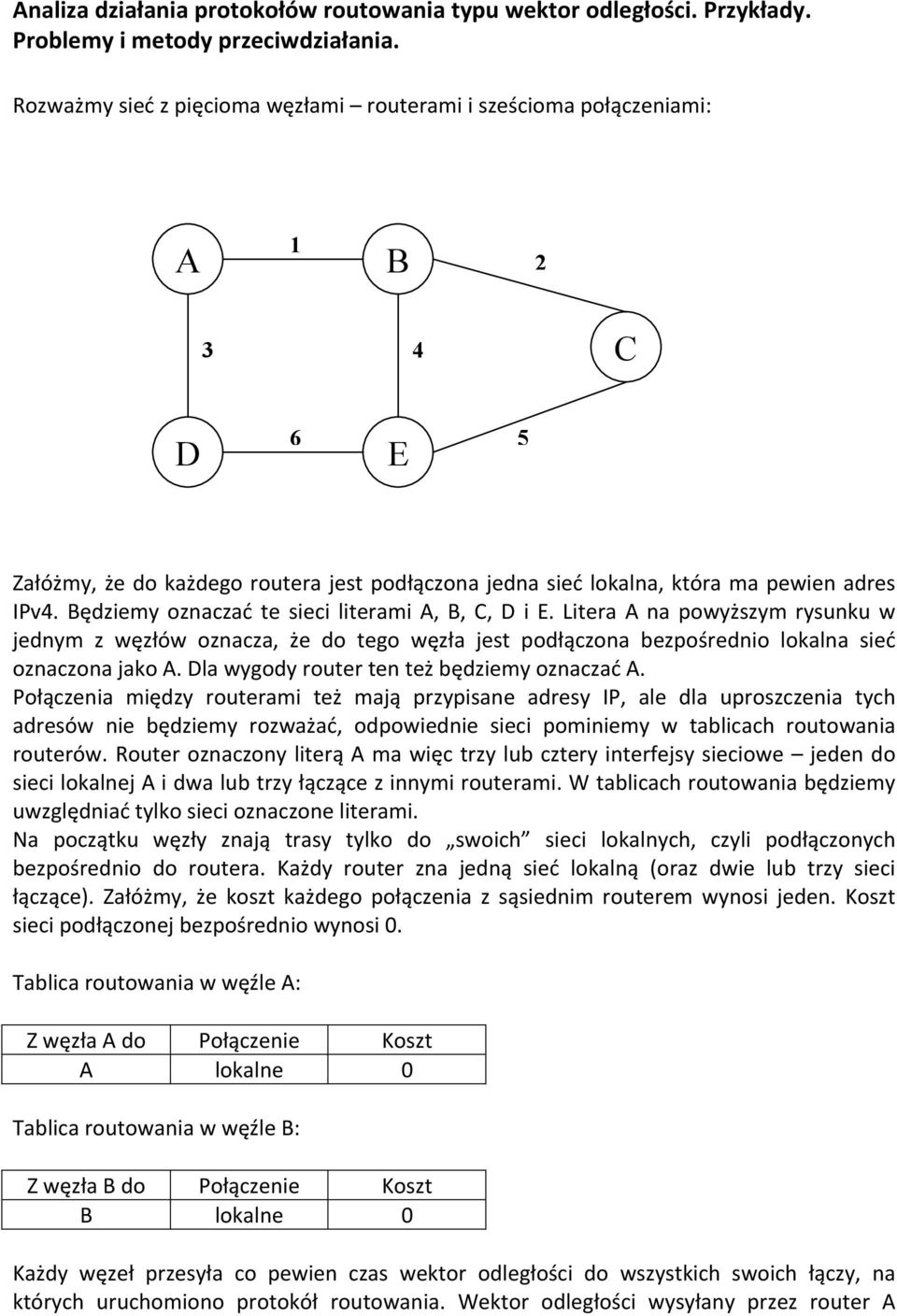 Będziemy oznaczać te sieci literami A, B, C, D i E. Litera A na powyższym rysunku w jednym z węzłów oznacza, że do tego węzła jest podłączona bezpośrednio lokalna sieć oznaczona jako A.
