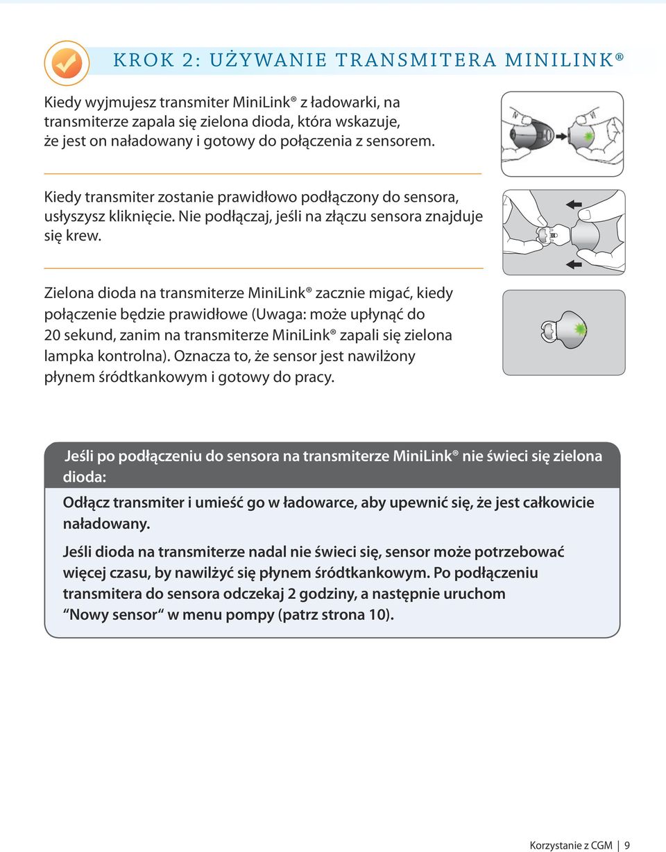 Zielona dioda na transmiterze MiniLink zacznie migać, kiedy połączenie będzie prawidłowe (Uwaga: może upłynąć do 20 sekund, zanim na transmiterze MiniLink zapali się zielona lampka kontrolna).