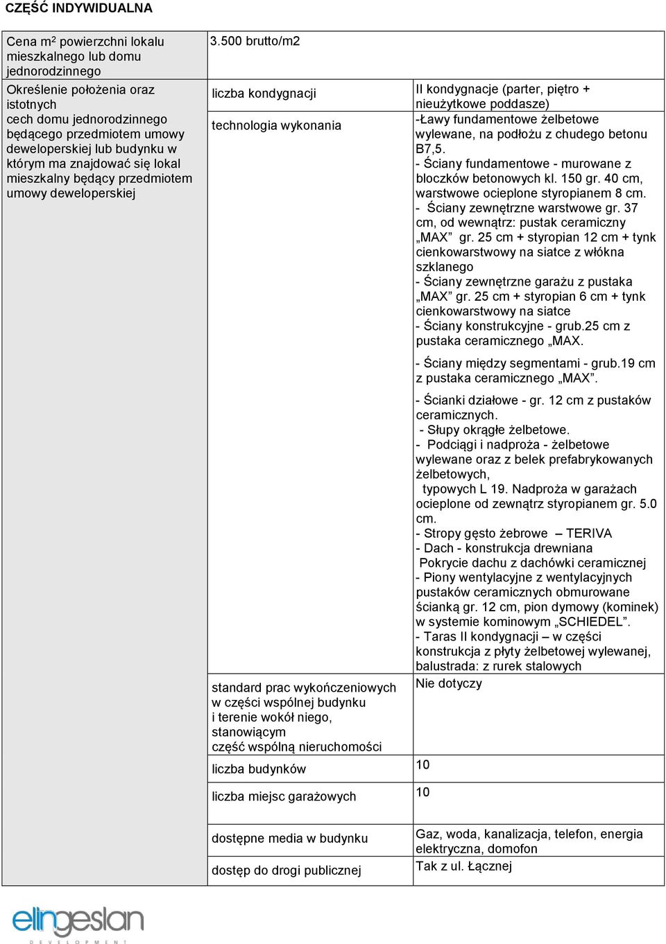 500 brutto/m2 liczba kondygnacji II kondygnacje (parter, piętro + nieużytkowe poddasze) technologia wykonania -Ławy fundamentowe żelbetowe wylewane, na podłożu z chudego betonu B7,5.