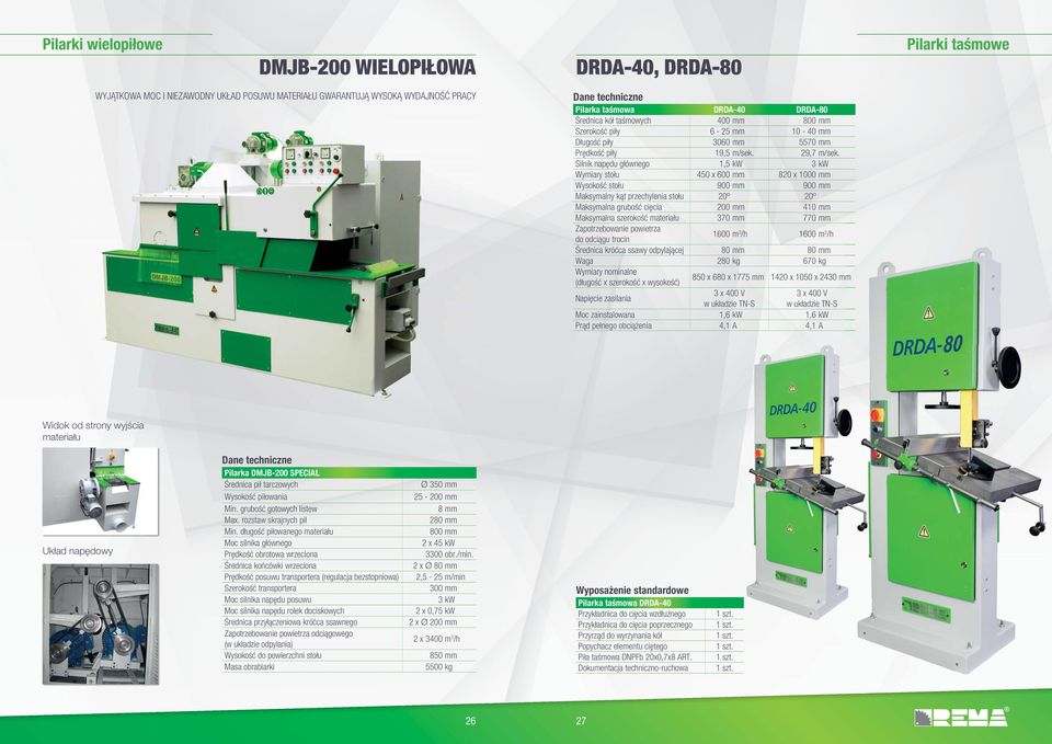 Silnik napędu głównego 1,5 kw 3 kw Wymiary stołu 450 x 600 mm 820 x 1000 mm Wysokość stołu 900 mm 900 mm Maksymalny kąt przechylenia stołu 20º 20º Maksymalna grubość cięcia 200 mm 410 mm Maksymalna