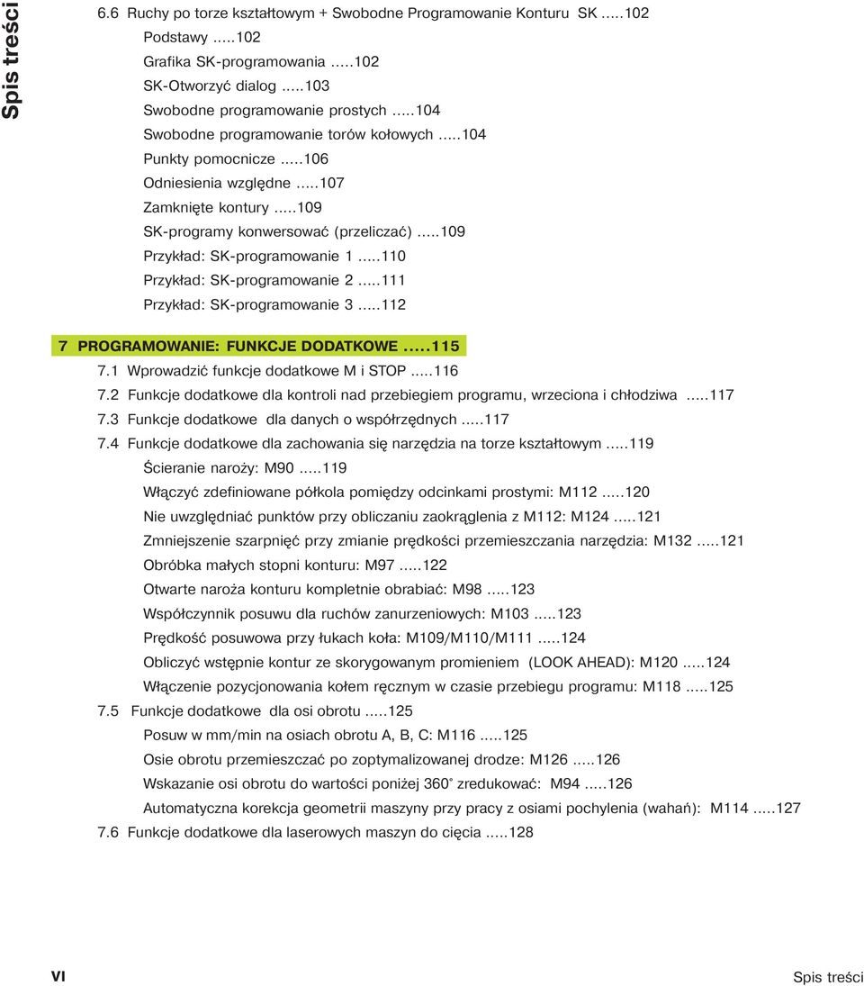 ..110 Przykład: SK-programowanie 2...111 Przykład: SK-programowanie 3...112 7 PROGRAMOWANIE: FUNKCJE DODATKOWE...115 7.1 Wprowadzić funkcje dodatkowe M i STOP...116 7.