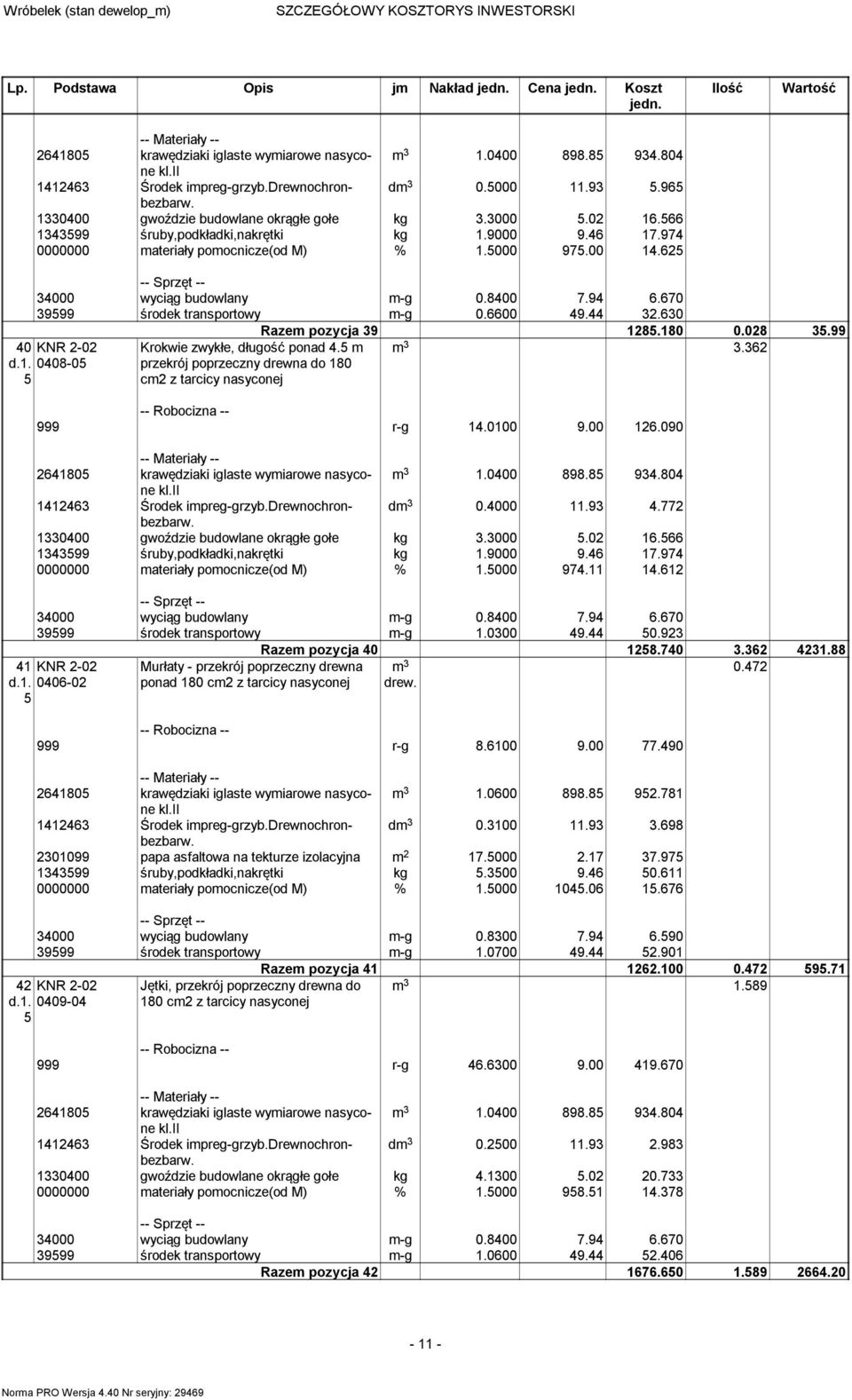 44.60 Razem pozycja 9 18.180 0.08.99 40 KNR -0 d.1. 0408-0 Krokwie zwykłe, długość ponad 4. m przekrój poprzeczny drewna do 180 cm z tarcicy nasyconej m.6 999 r-g 14.0100 9.00 16.