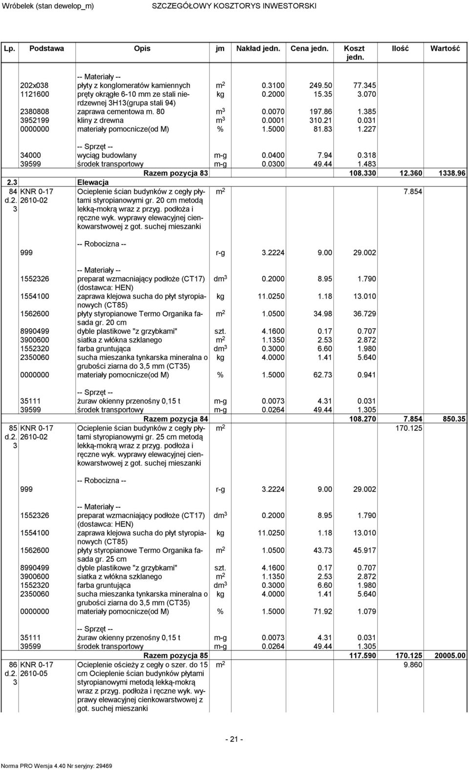 94 0.18 999 środek transportowy m-g 0.000 49.44 1.48 Razem pozycja 8 108.0 1.60 18.96. Elewacja 84 KNR 0-17 d.. 610-0 Ocieplenie ścian budynków z cegły płytami styropianowymi gr.