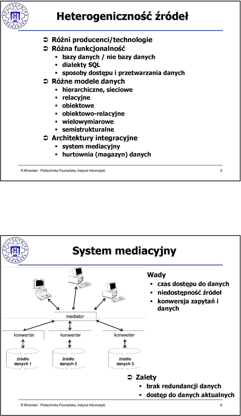 Architektury integracyjne system mediacyjny hurtownia (magazyn) danych 5 System mediacyjny Wady czas dostępu do danych niedostępność