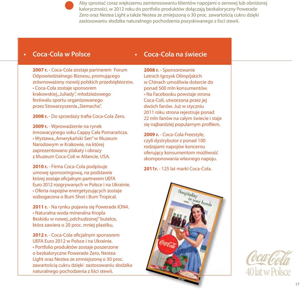 - Coca-Cola zostaje partnerem Forum Odpowiedzialnego Biznesu, promującego zrównoważony rozwój polskich przedsiębiorstw.