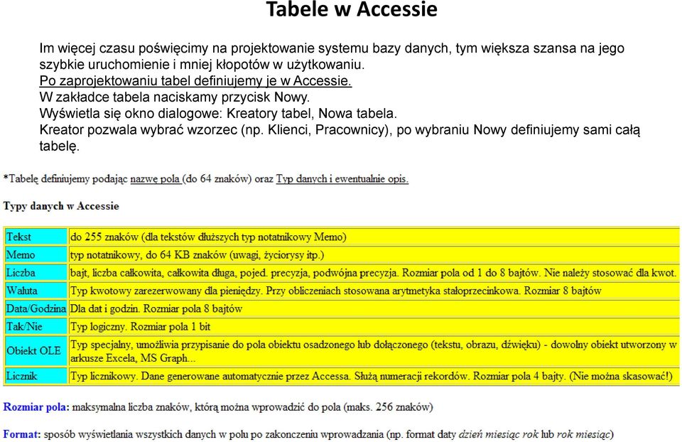 Po zaprojektowaniu tabel definiujemy je w Accessie. W zakładce tabela naciskamy przycisk Nowy.