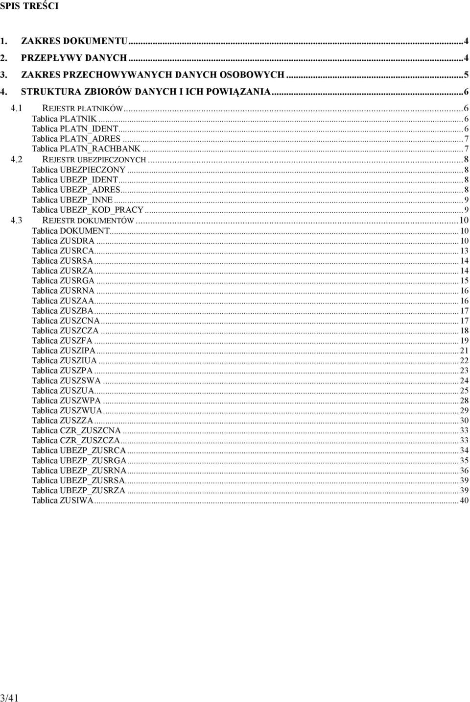 .. 8 Tablica UBEZP_ADRES... 8 Tablica UBEZP_INNE... 9 Tablica UBEZP_KOD_PRACY... 9 4.3 REJESTR DOKUMENTÓW... 10 Tablica DOKUMENT... 10 Tablica ZUSDRA... 10 Tablica ZUSRCA... 13 Tablica ZUSRSA.