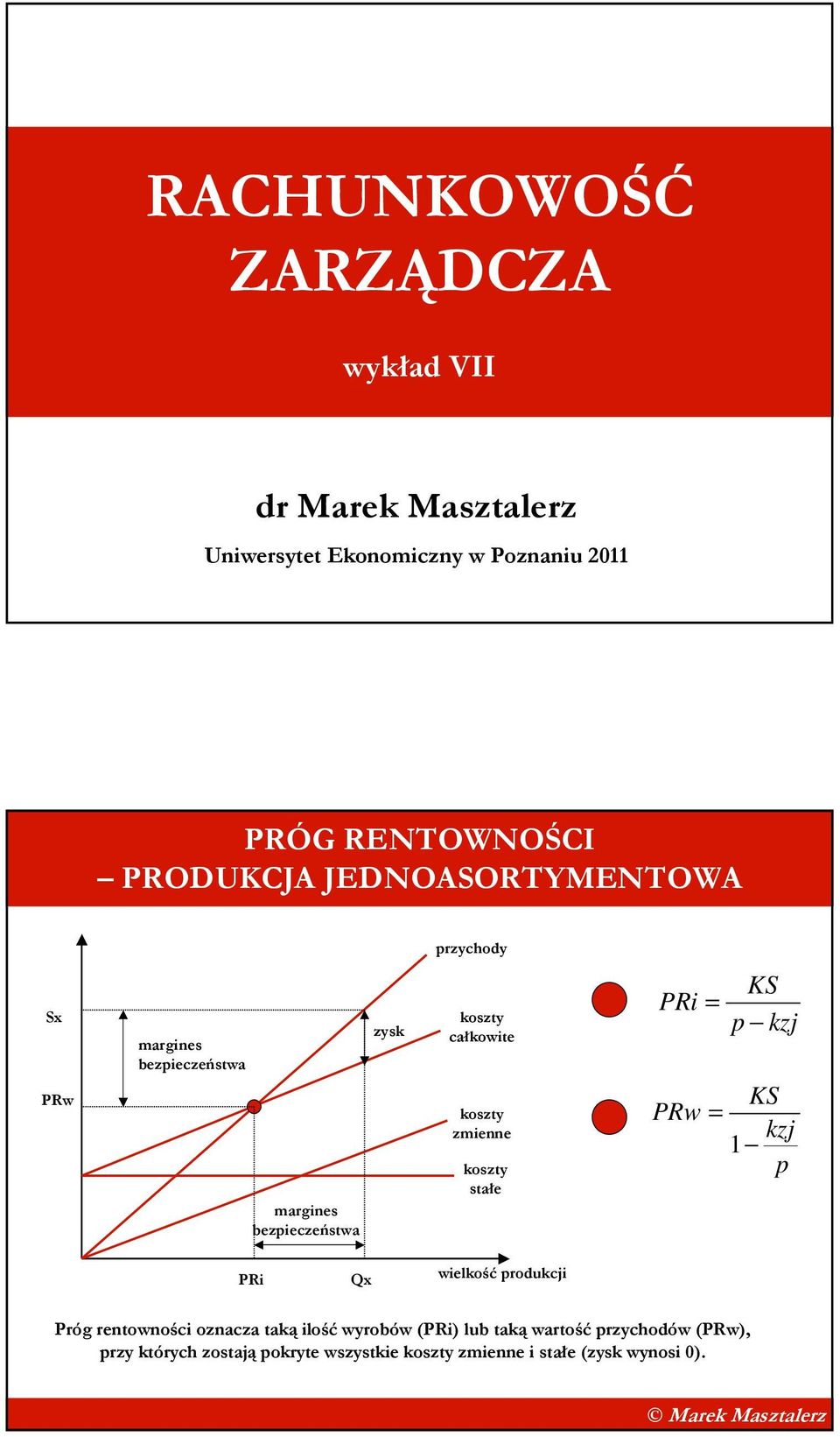 zmienne stałe PRi = KS p kzj KS PRw = kzj 1 p PRi Qx wielkość produkcji Próg rentowności oznacza taką ilość