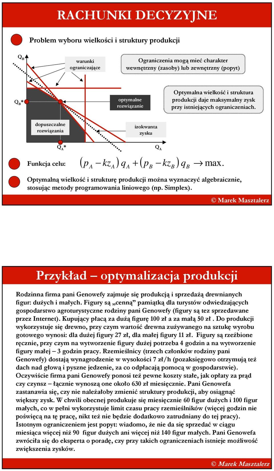 A A A B Q A B B Optymalną wielkość i strukturę produkcji moŝna wyznaczyć algebraicznie, stosując metody programowania liniowego (np. Simplex).